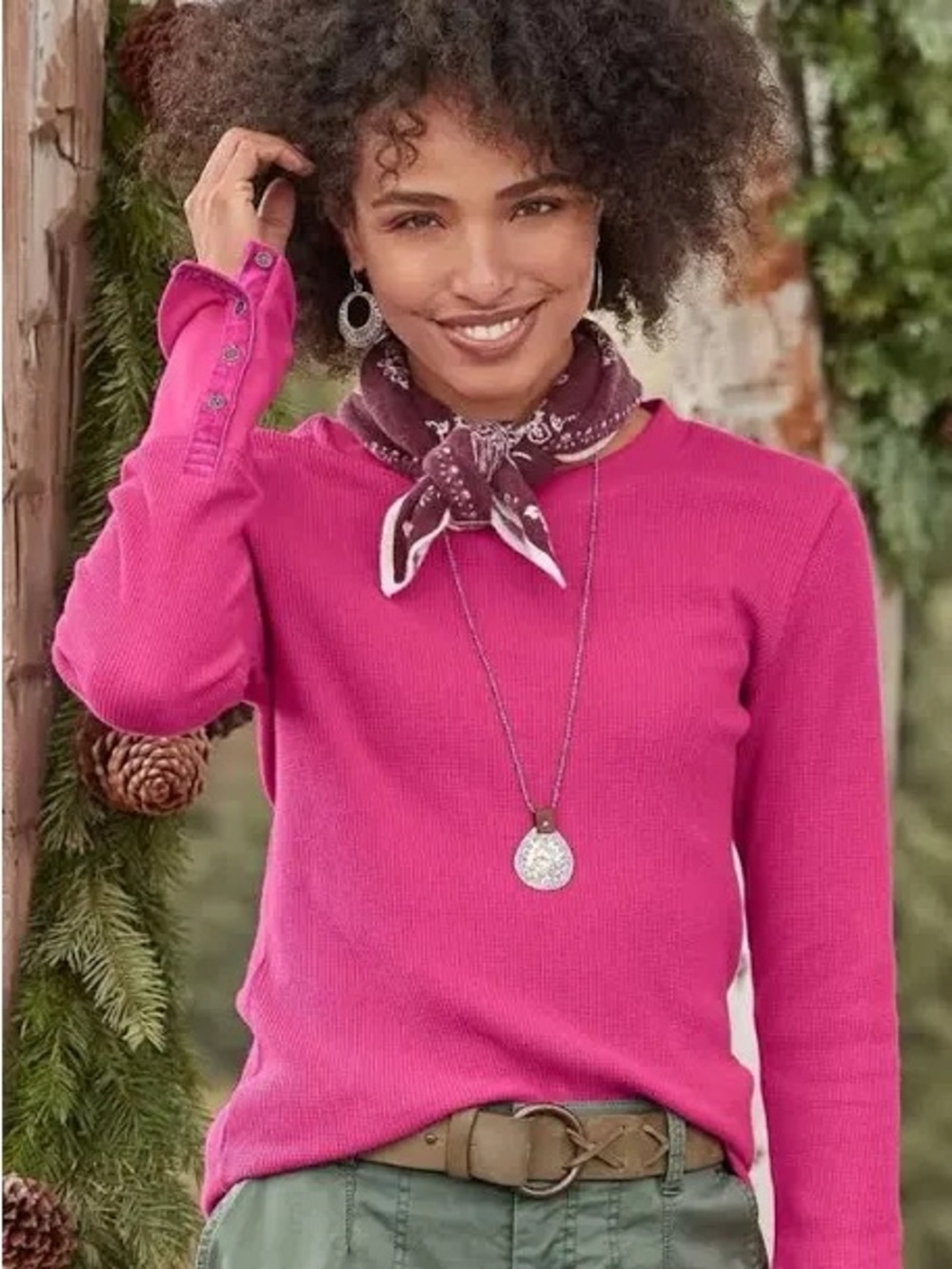 New Sundance Pink Long Sleeve Waffle Weave Thermal Top Velvet Metal Button Cuffs